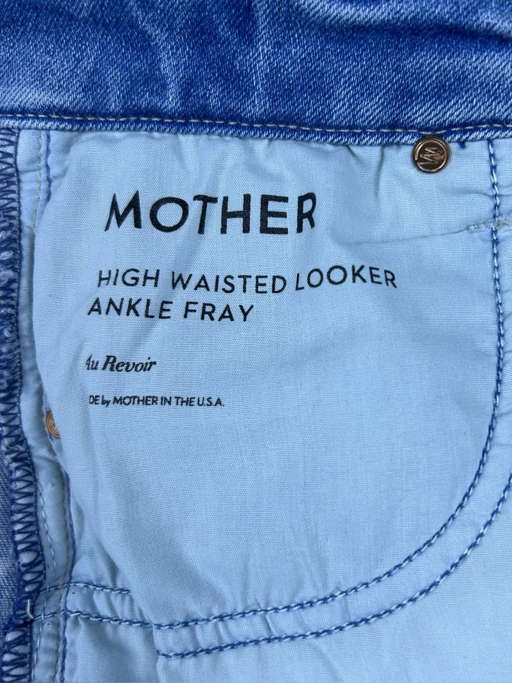 Mother High Waisted Looker Ankle Fray Jeans 27 Au Renoir Blue Skinny Stretch
